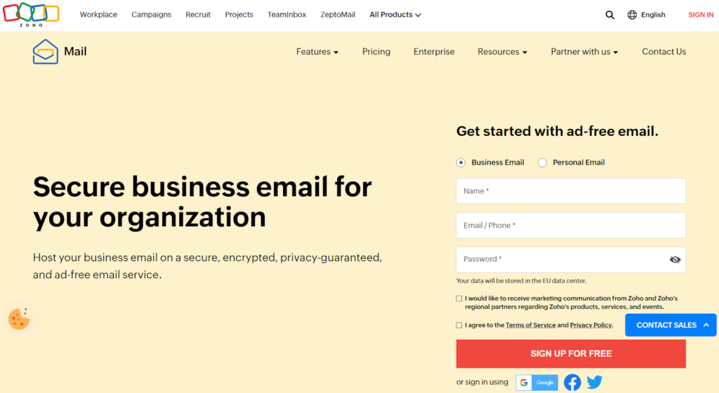 Zoho Maili koduleht