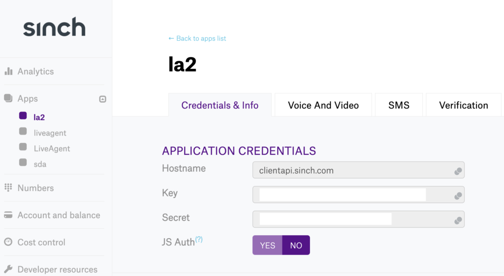 Sinch app Key and Secret in second app