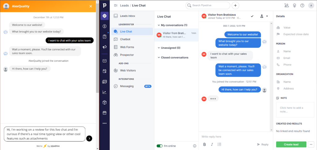 PipeDrive'i reaalajas vestlus agendi ja kliendi vaatest